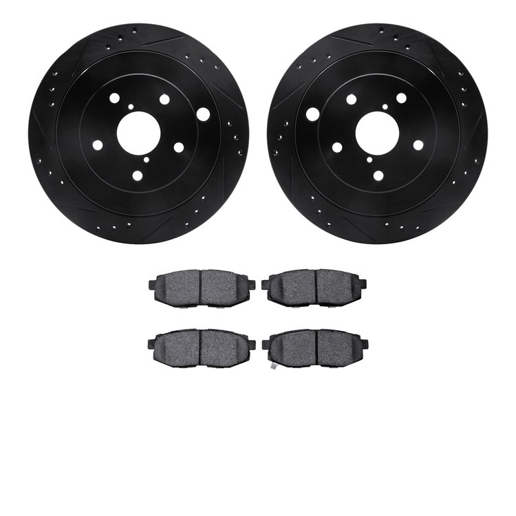 8302-13046 Drilled/Slotted Brake Rotors with 3000-Series Ceramic Brake Pads Kit [Black], 2006-2014 Subaru, Position: Rear