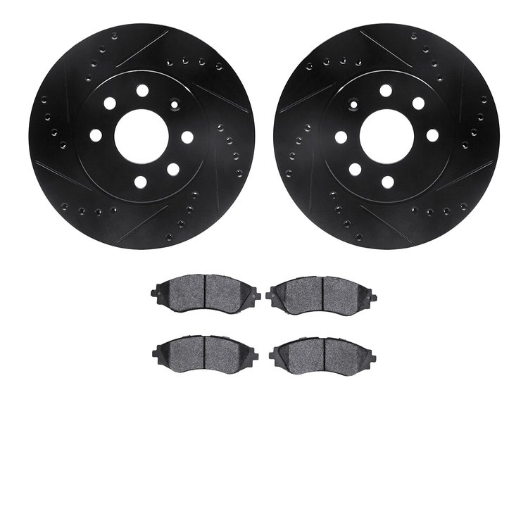 8302-18006 Drilled/Slotted Brake Rotors with 3000-Series Ceramic Brake Pads Kit [Black], 2000-2002 GM, Position: Front