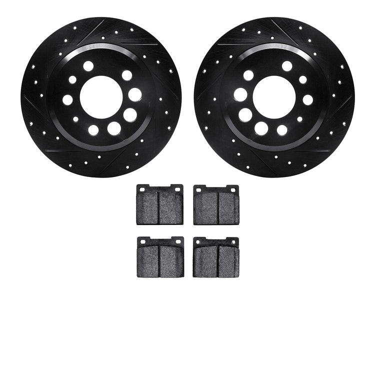 8302-27015 Drilled/Slotted Brake Rotors with 3000-Series Ceramic Brake Pads Kit [Black], 1975-1987 Volvo, Position: Rear