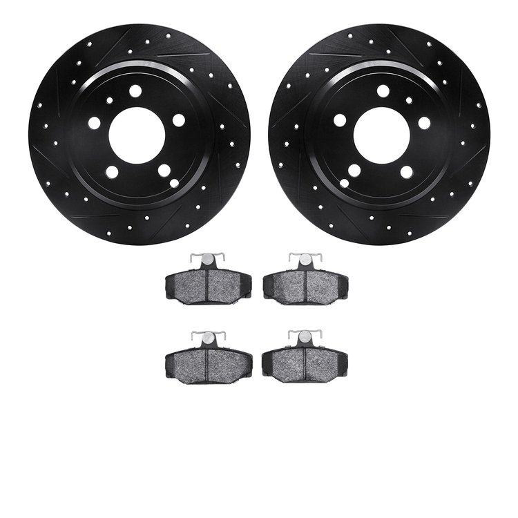 8302-27027 Drilled/Slotted Brake Rotors with 3000-Series Ceramic Brake Pads Kit [Black], 1996-1997 Volvo, Position: Rear