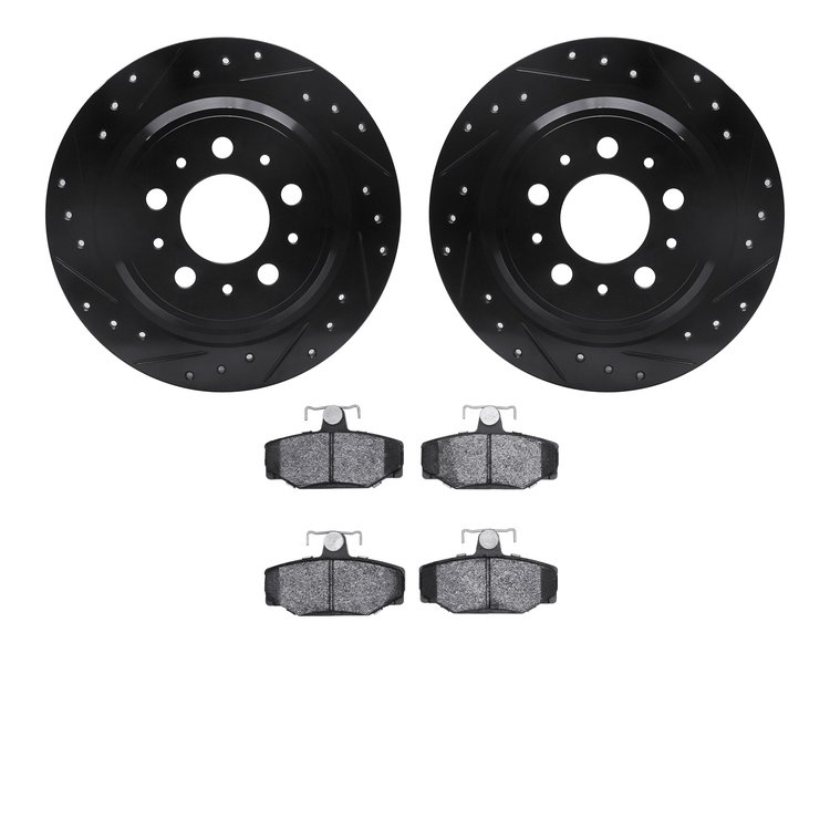 8302-27030 Drilled/Slotted Brake Rotors with 3000-Series Ceramic Brake Pads Kit [Black], 1998-2000 Volvo, Position: Rear