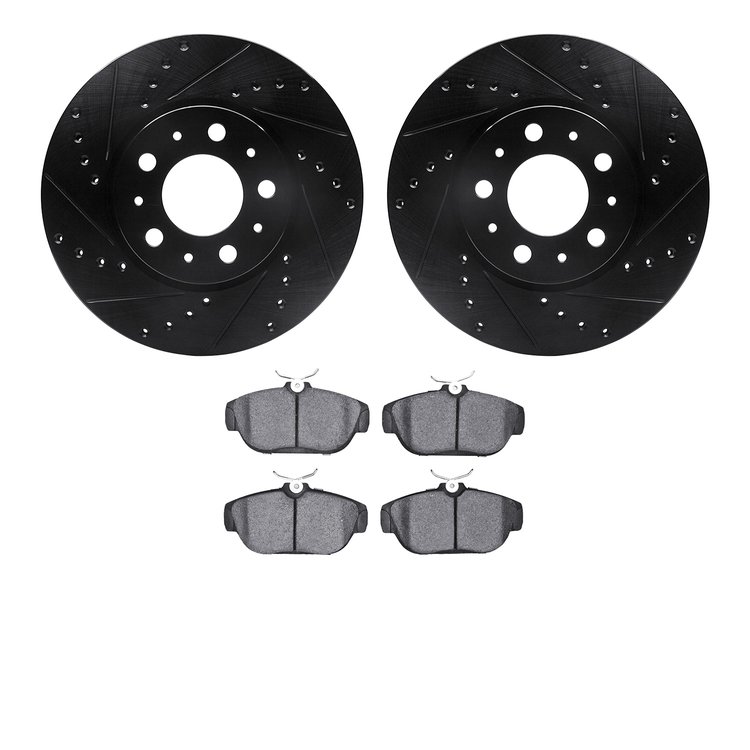 8302-27036 Drilled/Slotted Brake Rotors with 3000-Series Ceramic Brake Pads Kit [Black], 1995-1998 Volvo, Position: Front