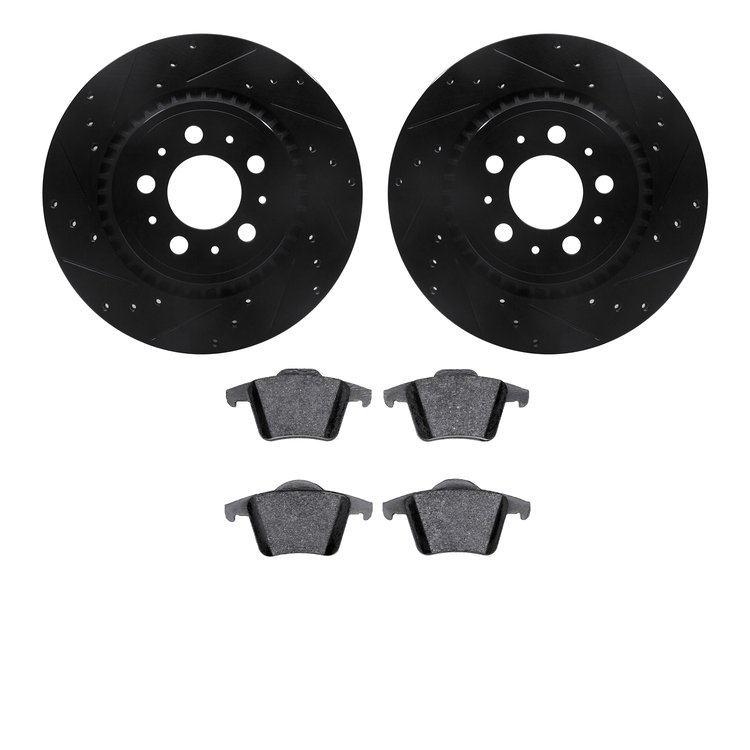 8302-27053 Drilled/Slotted Brake Rotors with 3000-Series Ceramic Brake Pads Kit [Black], 2003-2014 Volvo, Position: Rear