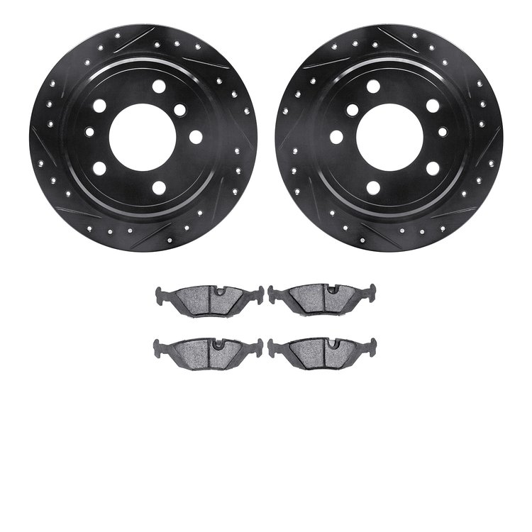 8302-31017 Drilled/Slotted Brake Rotors with 3000-Series Ceramic Brake Pads Kit [Black], 1981-1986 BMW, Position: Rear