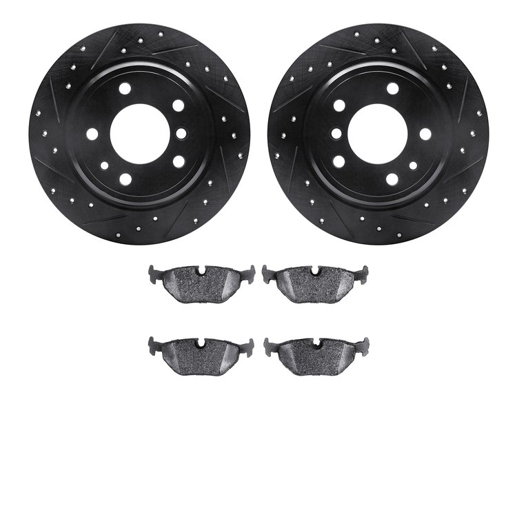 8302-31026 Drilled/Slotted Brake Rotors with 3000-Series Ceramic Brake Pads Kit [Black], 1989-1995 BMW, Position: Rear