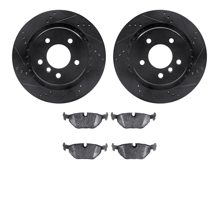 8302-31030 Drilled/Slotted Brake Rotors with 3000-Series Ceramic Brake Pads Kit [Black], 1995-2002 BMW, Position: Rear