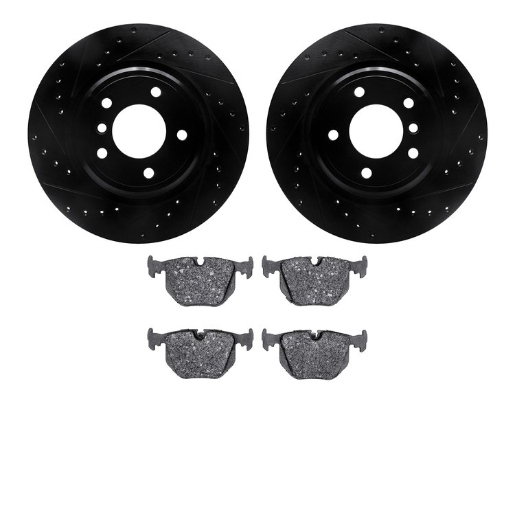 8302-31049 Drilled/Slotted Brake Rotors with 3000-Series Ceramic Brake Pads Kit [Black], 1995-2003 BMW, Position: Rear
