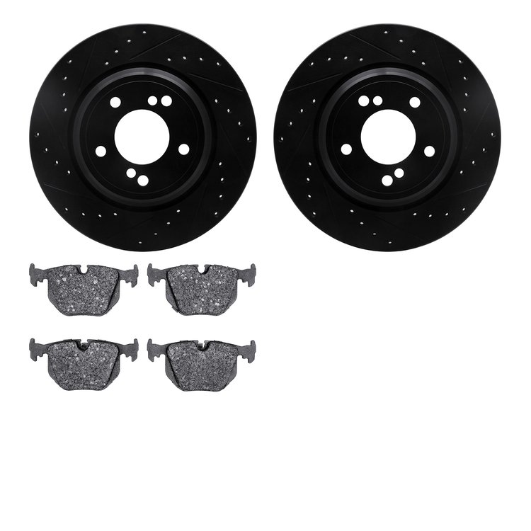 8302-31050 Drilled/Slotted Brake Rotors with 3000-Series Ceramic Brake Pads Kit [Black], 2000-2006 BMW, Position: Rear