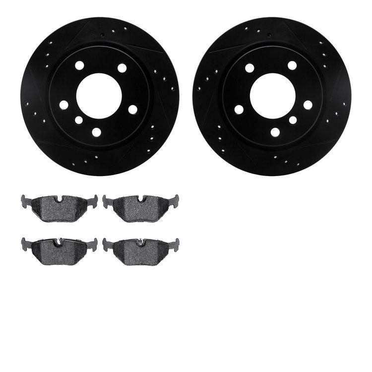 8302-31059 Drilled/Slotted Brake Rotors with 3000-Series Ceramic Brake Pads Kit [Black], 1996-2005 BMW, Position: Rear