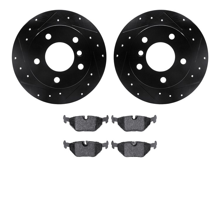 8302-31060 Drilled/Slotted Brake Rotors with 3000-Series Ceramic Brake Pads Kit [Black], 1996-2002 BMW, Position: Rear