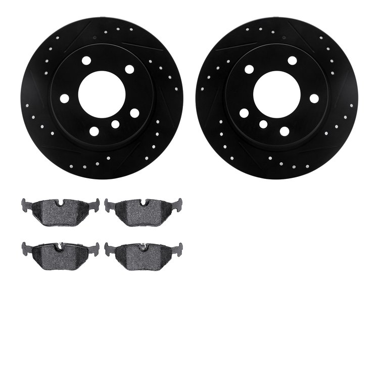8302-31063 Drilled/Slotted Brake Rotors with 3000-Series Ceramic Brake Pads Kit [Black], 2003-2006 BMW, Position: Rear