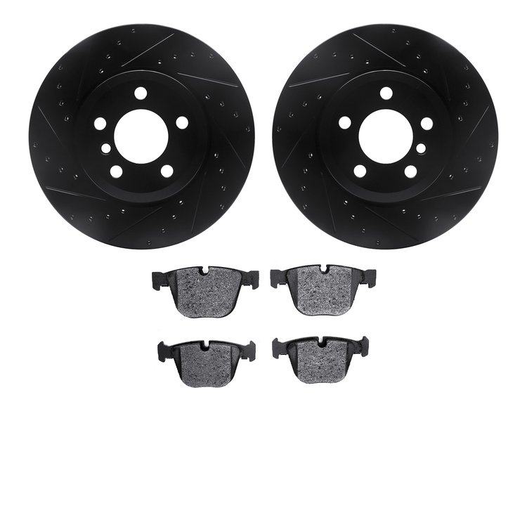 8302-31075 Drilled/Slotted Brake Rotors with 3000-Series Ceramic Brake Pads Kit [Black], 2007-2019 BMW, Position: Rear