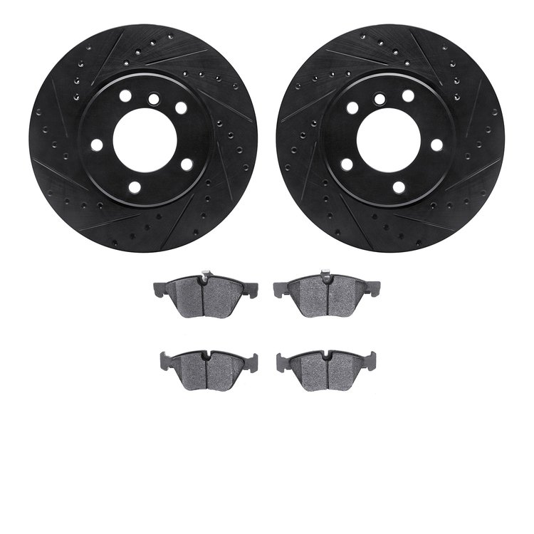 8302-31086 Drilled/Slotted Brake Rotors with 3000-Series Ceramic Brake Pads Kit [Black], 2004-2010 BMW, Position: Front