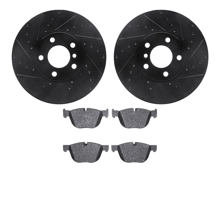 8302-31093 Drilled/Slotted Brake Rotors with 3000-Series Ceramic Brake Pads Kit [Black], 2007-2019 BMW, Position: Front