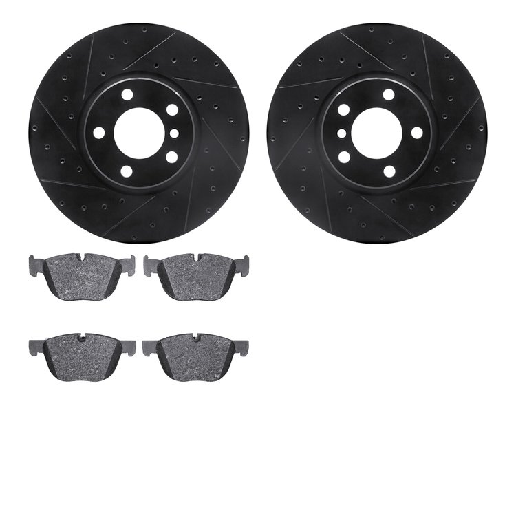 8302-31094 Dimpled/Slotted Brake Rotors with 3000-Series Ceramic Brake Pads Kit [Black], 2016-2018 BMW, Position: Front