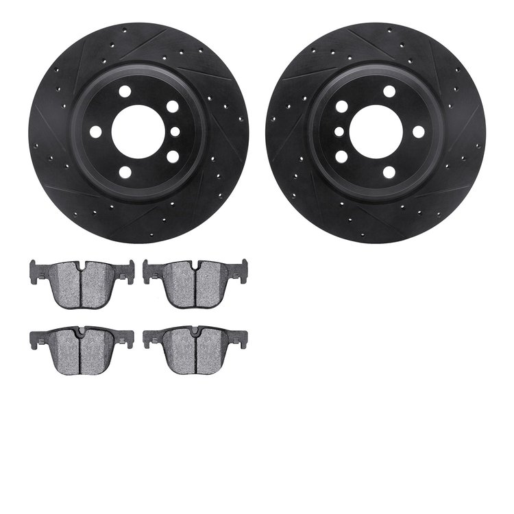 8302-31114 Drilled/Slotted Brake Rotors with 3000-Series Ceramic Brake Pads Kit [Black], 2012-2020 BMW, Position: Rear