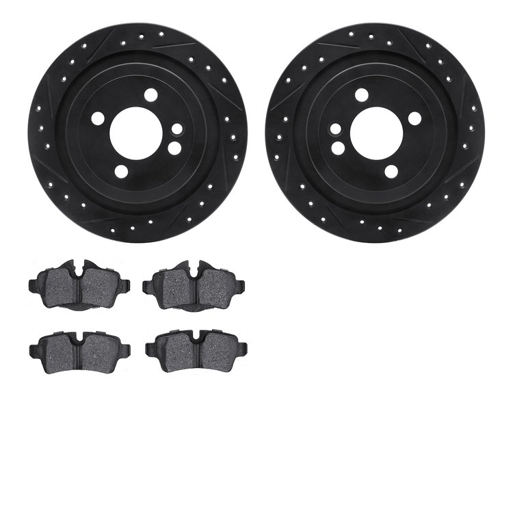 8302-32014 Drilled/Slotted Brake Rotors with 3000-Series Ceramic Brake Pads Kit [Black], 2009-2014 Mini, Position: Rear
