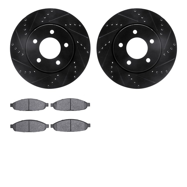 8302-39029 Drilled/Slotted Brake Rotors with 3000-Series Ceramic Brake Pads Kit [Black], 2004-2008 Mopar, Position: Front
