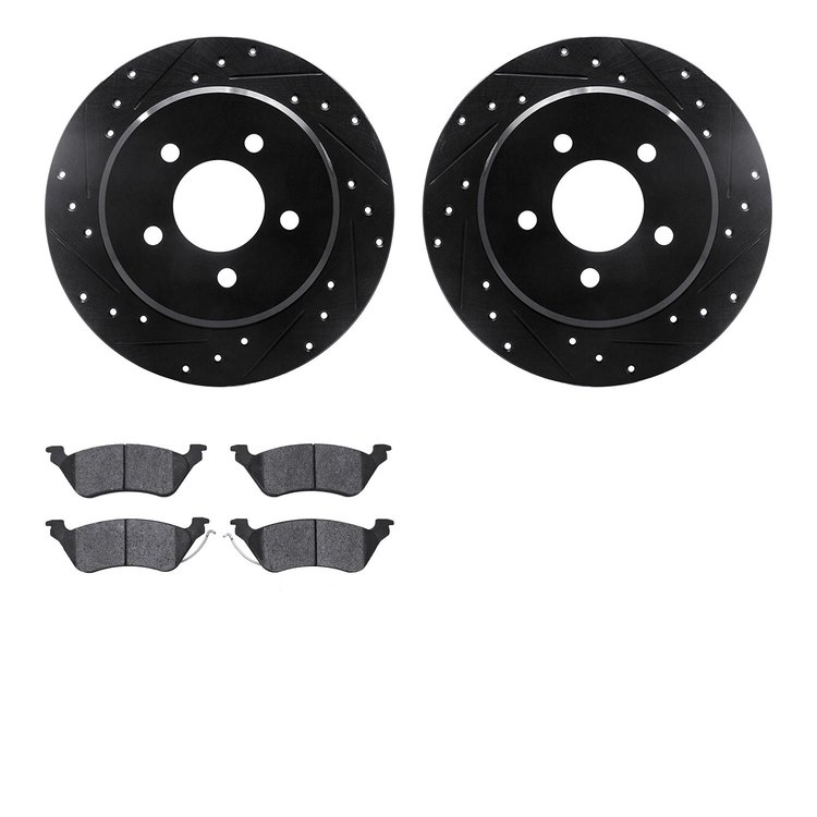 8302-40011 Drilled/Slotted Brake Rotors with 3000-Series Ceramic Brake Pads Kit [Black], 2001-2007 Mopar, Position: Rear