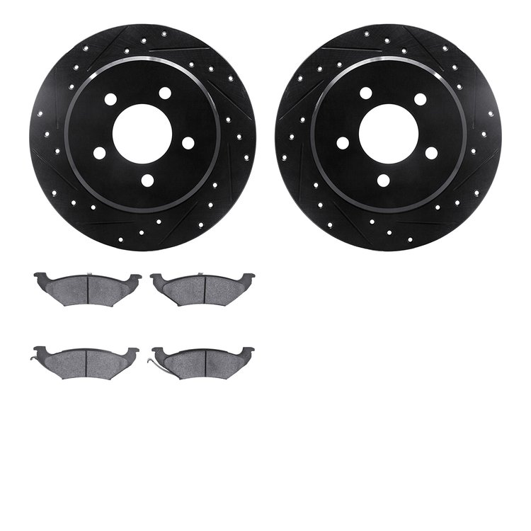 8302-40072 Drilled/Slotted Brake Rotors with 3000-Series Ceramic Brake Pads Kit [Black], 1997-2000 Mopar, Position: Rear