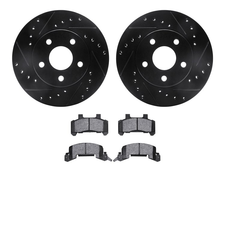 8302-47021 Drilled/Slotted Brake Rotors with 3000-Series Ceramic Brake Pads Kit [Black], 1985-1991 GM, Position: Front