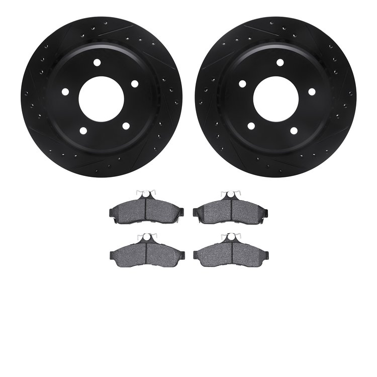 8302-47042 Drilled/Slotted Brake Rotors with 3000-Series Ceramic Brake Pads Kit [Black], 1994-1996 GM, Position: Rear