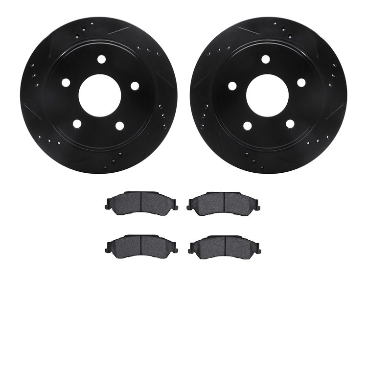8302-48034 Drilled/Slotted Brake Rotors with 3000-Series Ceramic Brake Pads Kit [Black], 1997-2005 GM, Position: Rear