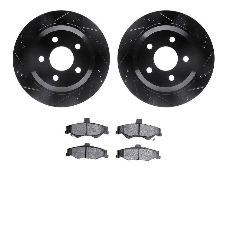 8302-52013 Drilled/Slotted Brake Rotors with 3000-Series Ceramic Brake Pads Kit [Black], 1998-2002 GM, Position: Rear