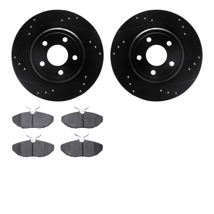 8302-54150 Drilled/Slotted Brake Rotors with 3000-Series Ceramic Brake Pads Kit [Black], 2003-2005 Jaguar, Position: Rear