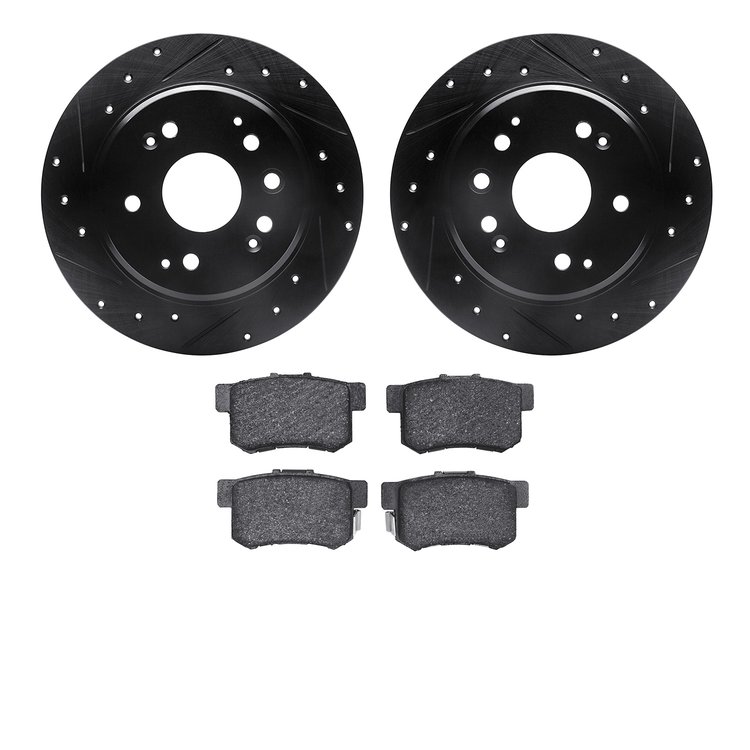 8302-58010 Drilled/Slotted Brake Rotors with 3000-Series Ceramic Brake Pads Kit [Black], 1999-2003 Acura/Honda, Position: Rear