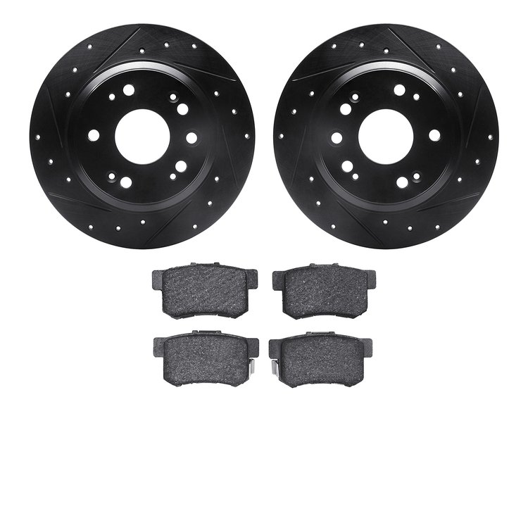 8302-58014 Drilled/Slotted Brake Rotors with 3000-Series Ceramic Brake Pads Kit [Black], 2002-2004 Acura/Honda, Position: Rear