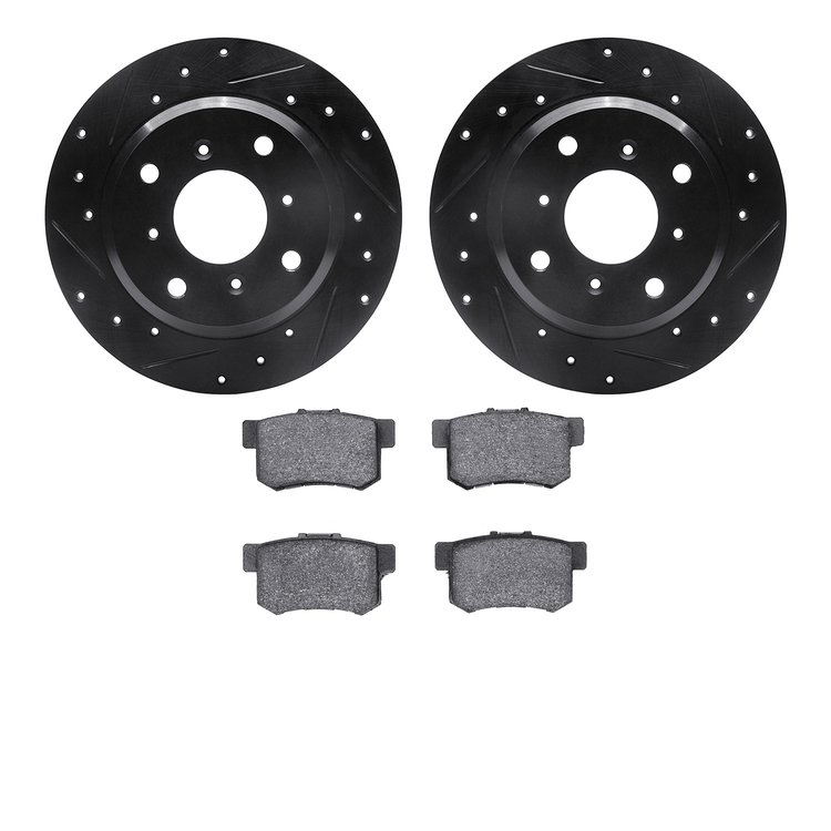 8302-58015 Drilled/Slotted Brake Rotors with 3000-Series Ceramic Brake Pads Kit [Black], 1987-1990 Acura/Honda, Position: Rear