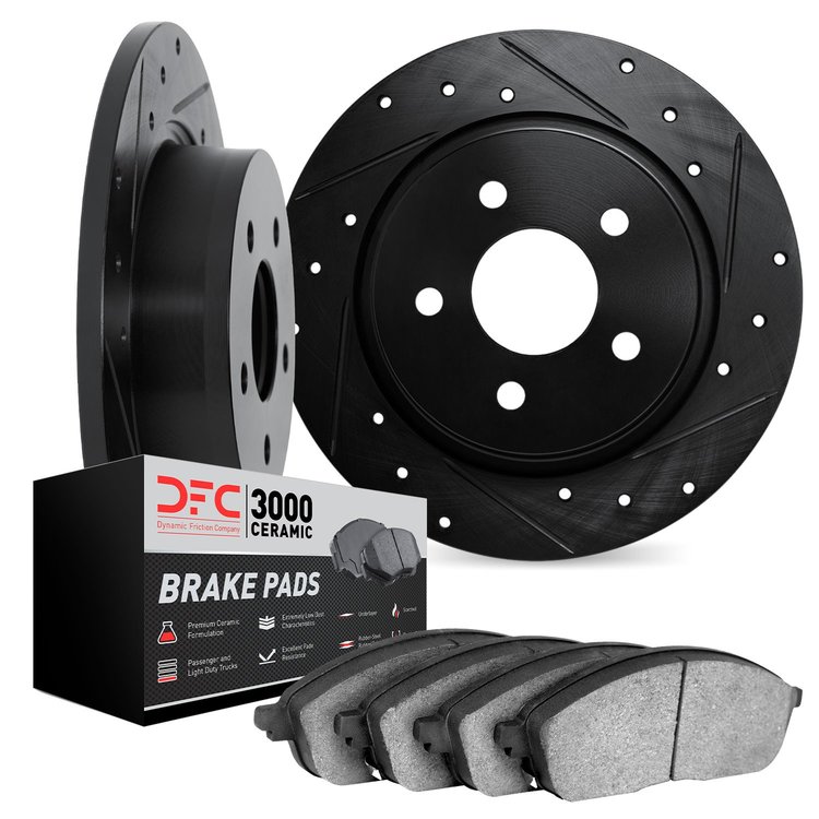 8302-58018 Drilled/Slotted Brake Rotors with 3000-Series Ceramic Brake Pads Kit [Black], 1996-1998 Acura/Honda, Position: Rear