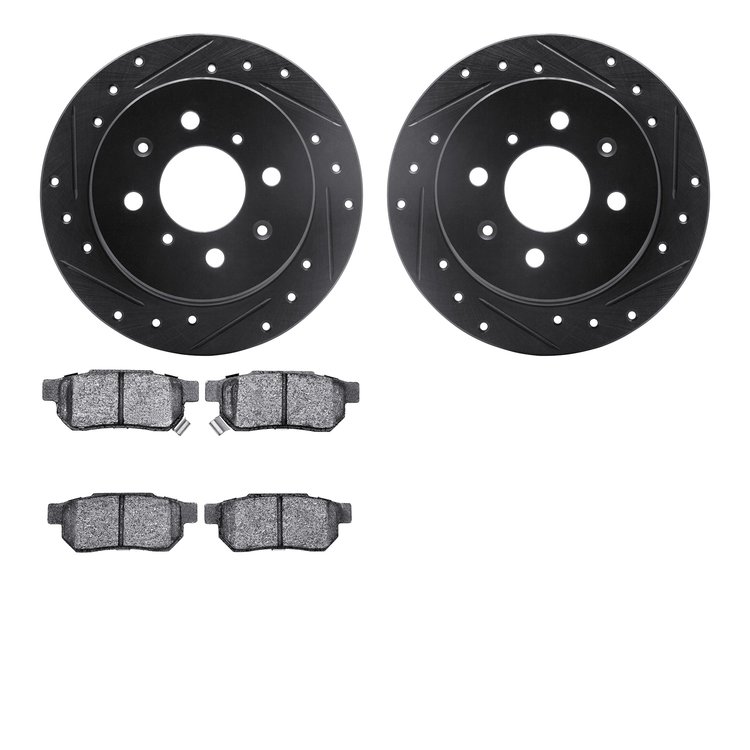 8302-59028 Drilled/Slotted Brake Rotors with 3000-Series Ceramic Brake Pads Kit [Black], 1988-2001 Acura/Honda, Position: Rear