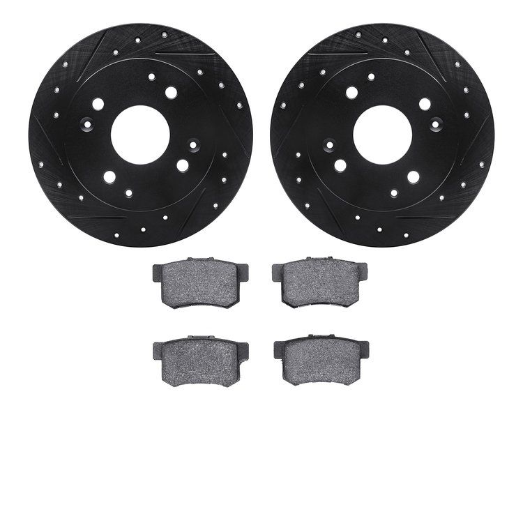 8302-59043 Drilled/Slotted Brake Rotors with 3000-Series Ceramic Brake Pads Kit [Black], 1992-1997 Acura/Honda, Position: Rear