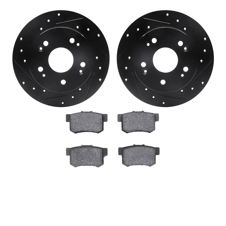 8302-59044 Drilled/Slotted Brake Rotors with 3000-Series Ceramic Brake Pads Kit [Black], 1997-2015 Acura/Honda, Position: Rear