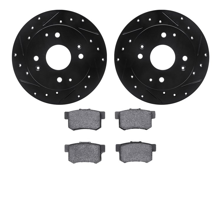 8302-59045 Drilled/Slotted Brake Rotors with 3000-Series Ceramic Brake Pads Kit [Black], 1998-2002 Acura/Honda, Position: Rear