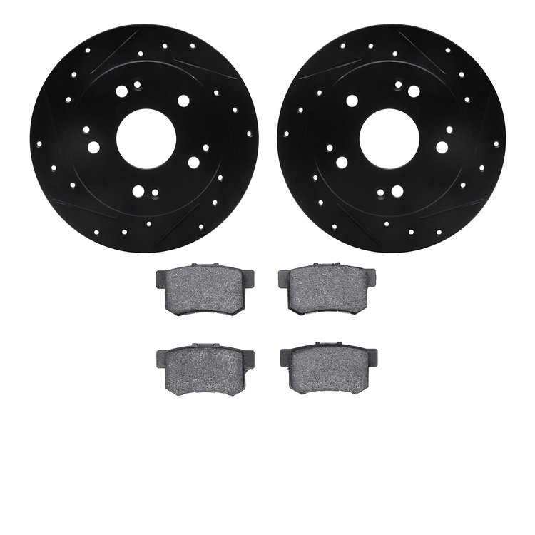 8302-59046 Drilled/Slotted Brake Rotors with 3000-Series Ceramic Brake Pads Kit [Black], 1997-2006 Acura/Honda, Position: Rear