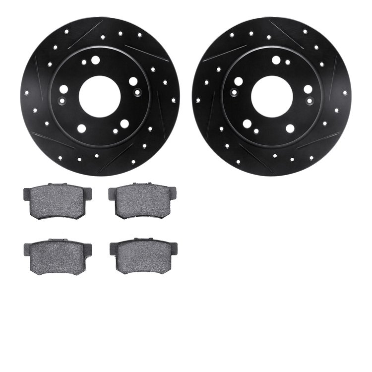 8302-59047 Drilled/Slotted Brake Rotors with 3000-Series Ceramic Brake Pads Kit [Black], 2003-2008 Acura/Honda, Position: Rear