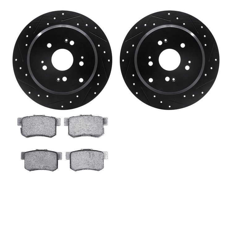 8302-59076 Drilled/Slotted Brake Rotors with 3000-Series Ceramic Brake Pads Kit [Black], 2005-2018 Acura/Honda, Position: Rear
