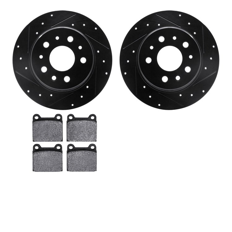 8302-63003 Drilled/Slotted Brake Rotors with 3000-Series Ceramic Brake Pads Kit [Black], 1961-1991 Mercedes-Benz, Position: Rear