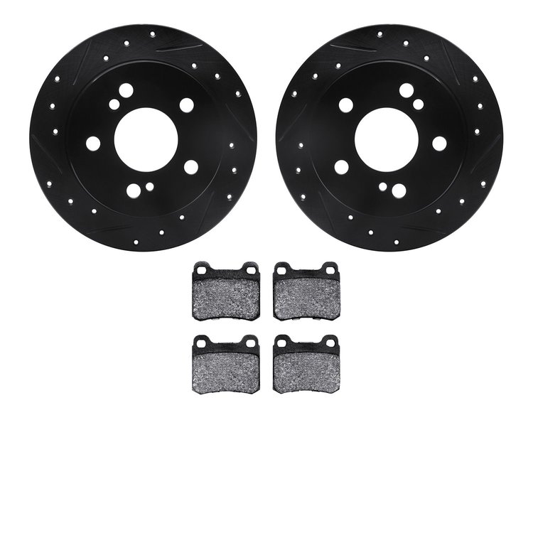 8302-63007 Drilled/Slotted Brake Rotors with 3000-Series Ceramic Brake Pads Kit [Black], 1984-1995 Mercedes-Benz, Position: Rear