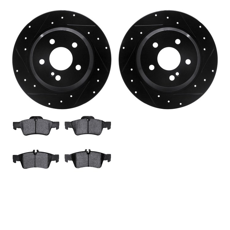 8302-63096 Drilled/Slotted Brake Rotors with 3000-Series Ceramic Brake Pads Kit [Black], 2003-2016 Mercedes-Benz, Position: Rear