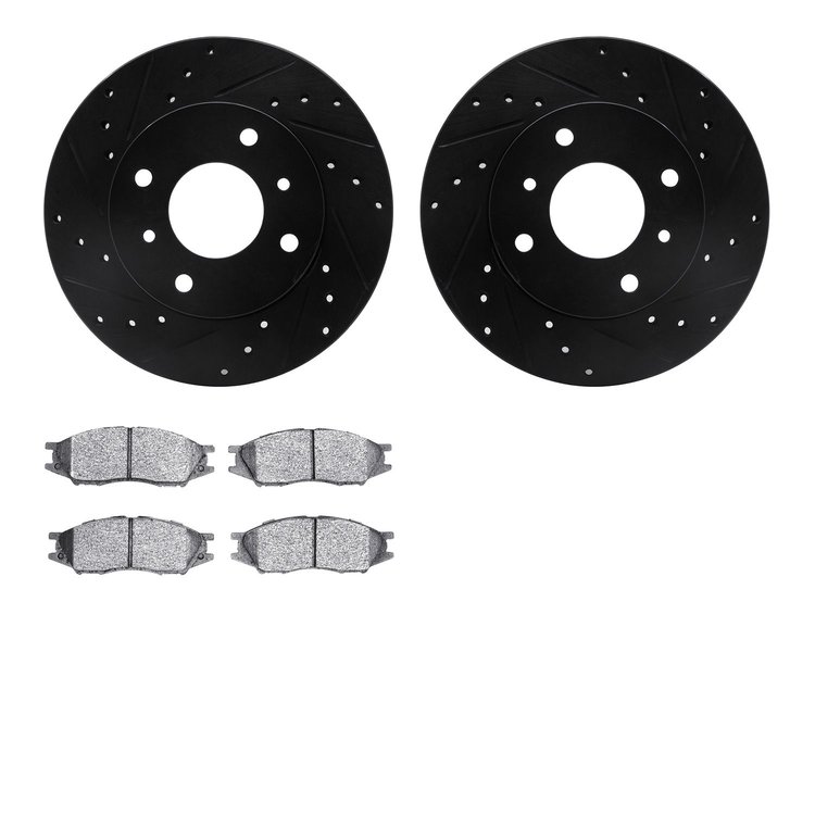8302-67004 Drilled/Slotted Brake Rotors with 3000-Series Ceramic Brake Pads Kit [Black], 2011-2013 Renault, Position: Front