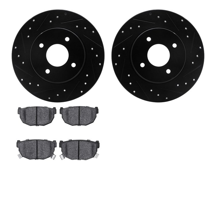8302-67030 Drilled/Slotted Brake Rotors with 3000-Series Ceramic Brake Pads Kit [Black], 1984-1985 Infiniti/Nissan, Position: Re