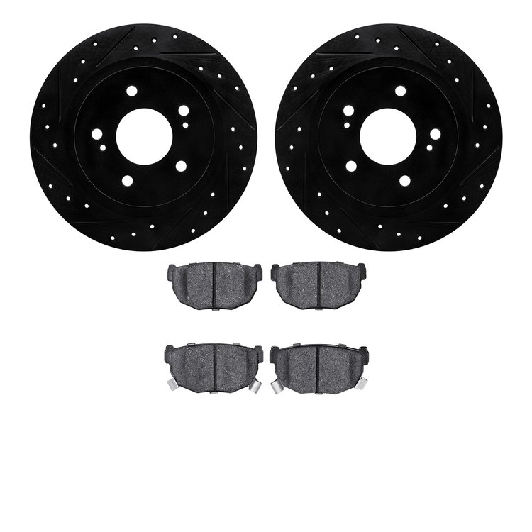 8302-67031 Drilled/Slotted Brake Rotors with 3000-Series Ceramic Brake Pads Kit [Black], 1984-1988 Infiniti/Nissan, Position: Re