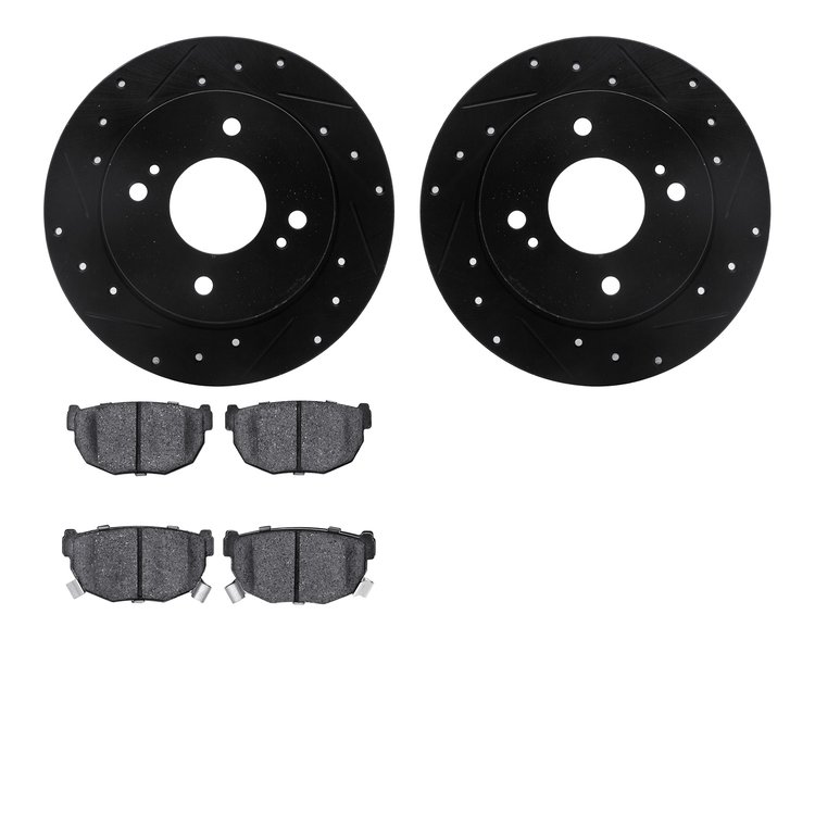 8302-67032 Drilled/Slotted Brake Rotors with 3000-Series Ceramic Brake Pads Kit [Black], 1989-1998 Infiniti/Nissan, Position: Re