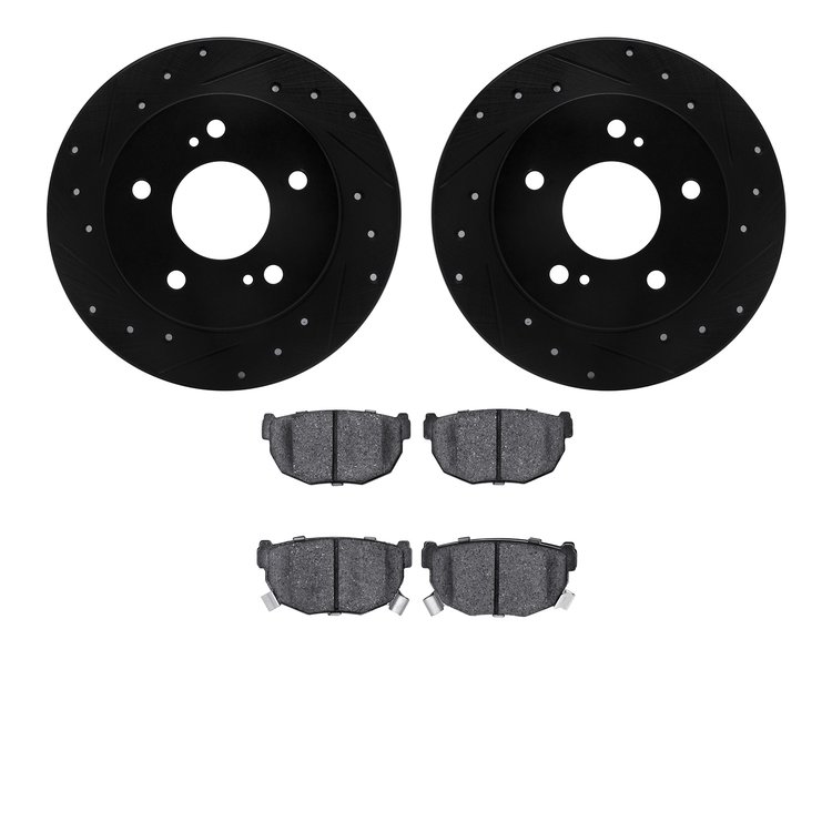 8302-67033 Drilled/Slotted Brake Rotors with 3000-Series Ceramic Brake Pads Kit [Black], 1994-1998 Infiniti/Nissan, Position: Re