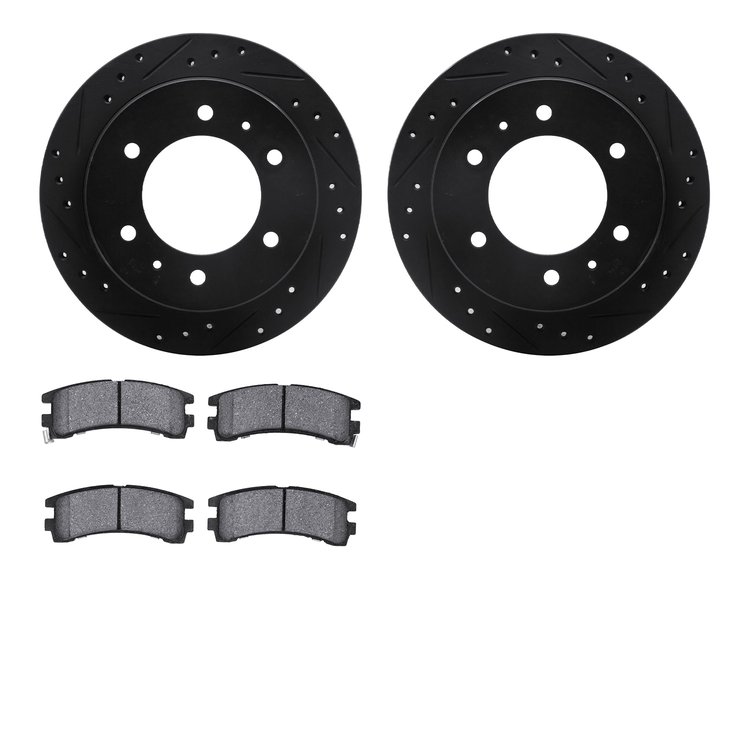 8302-67055 Drilled/Slotted Brake Rotors with 3000-Series Ceramic Brake Pads Kit [Black], 1988-1995 Infiniti/Nissan, Position: Re
