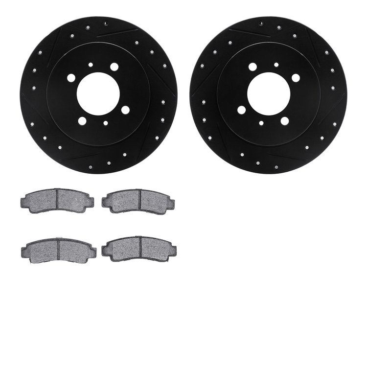 8302-67062 Drilled/Slotted Brake Rotors with 3000-Series Ceramic Brake Pads Kit [Black], 1991-1994 Infiniti/Nissan, Position: Re